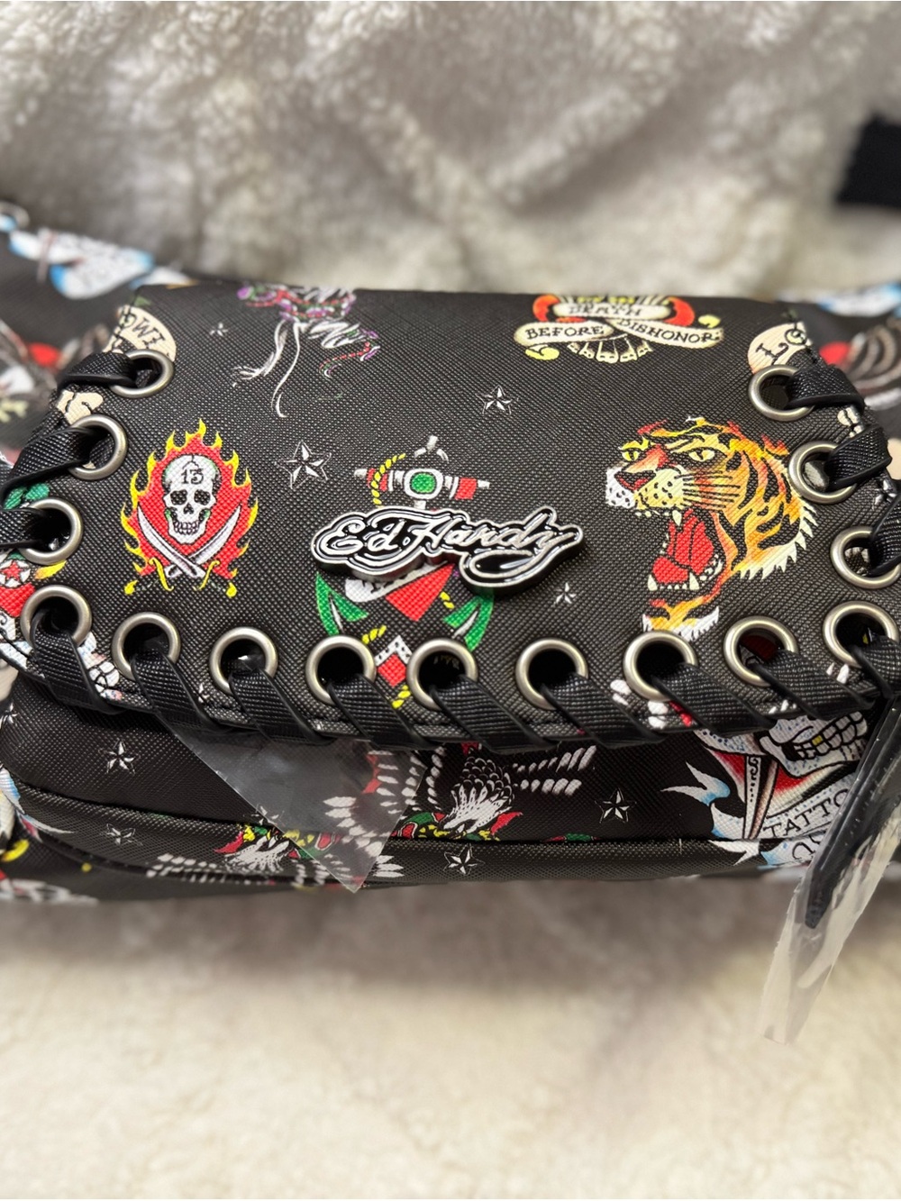 Ed Hardy Black Multicolor Tattoo-Print Crossbody Bag with Grommet Trim